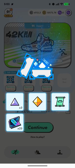 Mobile game interface showing a 'Jogger' sneaker NFT (42KM) with upgrade materials and a Continue button.