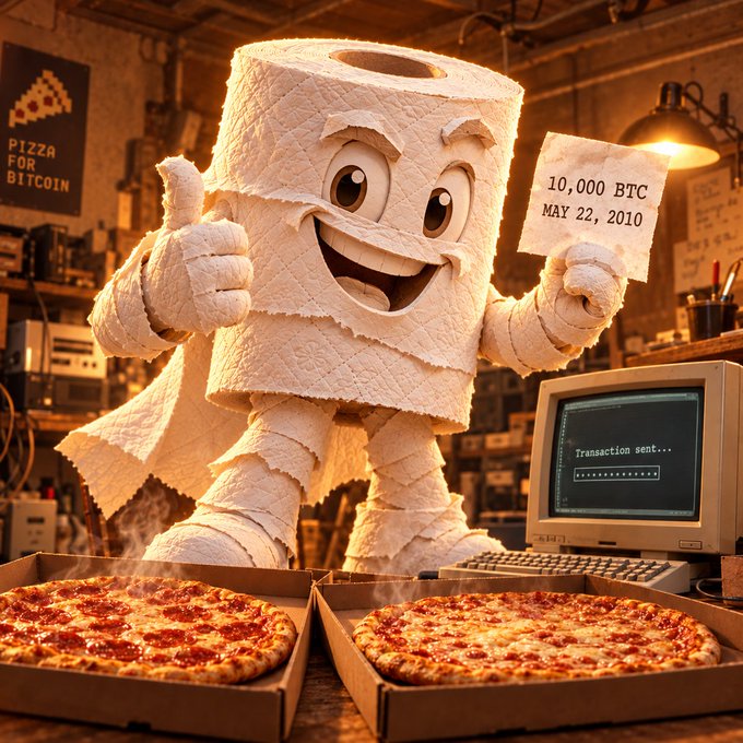 A whimsical digital illustration depicting the famous Bitcoin Pizza Day event from May 22, 2010, featuring a toilet paper roll character holding a '10,000 BTC' note next to two pizzas and an old computer showing 'Transaction sent'.