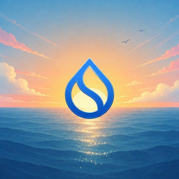 A stylized blue Sui (SUI) blockchain logo, shaped like a water droplet, hovers above a sunlit ocean at sunset, evoking the brand's aquatic theme. The serene seascape complements the caption "Sui Summer is just getting started," suggesting that the project's momentum and growth are just beginning to rise like the tide.