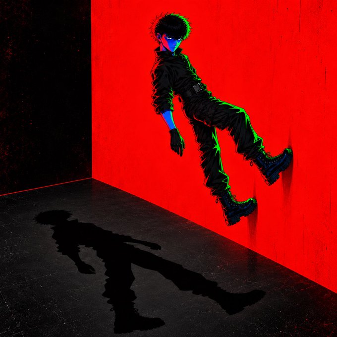 A stylized digital illustration of a character in black clothing with blue-tinted skin suspended mid-air against a vivid red wall, casting a dark shadow on the black floor.