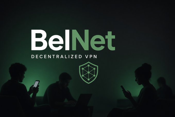 The image shows a promotional graphic for "BelNet - Decentralized VPN" with the logo displayed prominently in white and green text, accompanied by a shield icon featuring a network mesh design. Silhouettes of people using phones and laptops are shown against a dark green background, visually reinforcing the post's message about decentralized VPN technology routing traffic through multiple nodes rather than a single operator.