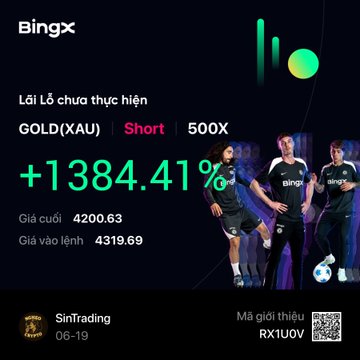 The image features a poster for BINGX, which is an online marketplace where people can buy and sell items. The poster includes three images of soccer players wearing their uniforms, with one player standing next to another player who is kicking a soccer ball. The text on the poster indicates that there are short and long term deals available in the market, including Gold (LTM) and XAU (XAU). Additionally, the post has been shared by someone named "SinTrading" and was posted on 06-19.