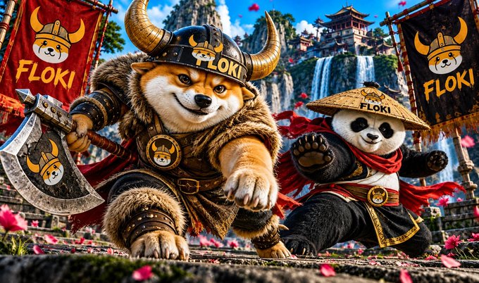 A fantasy illustration featuring a Shiba Inu dog dressed as a Viking warrior with horned helmet and axe, alongside a panda wearing a samurai-style hat, both branded with 'FLOKI' text on banners.