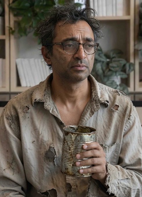 A man with dark hair and glasses wearing a tattered beige shirt, holding a rusty tin can, with blurred bookshelves and plants in the background.