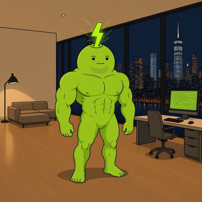 A digital illustration of a muscular green humanoid figure with a lightning bolt head standing in a modern office with a New York City skyline visible through the window.