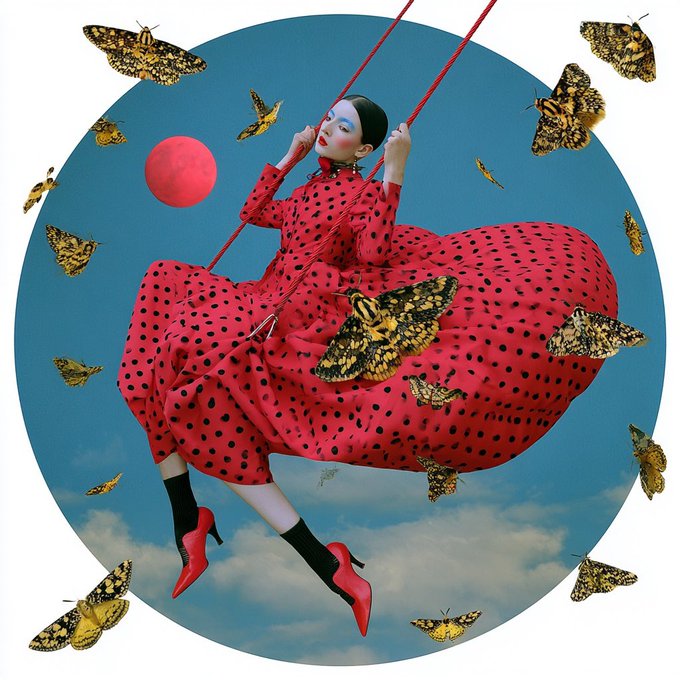 A surreal collage-style image features a woman in a flowing red polka-dot dress and red high heels swinging on red ropes, surrounded by yellow and black moths against a blue sky with a pink circle and white clouds, all within a circular frame.