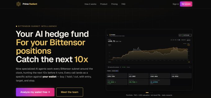 A website screenshot for 'Prime Radiant' advertises 'Your AI hedge fund For your Bittensor positions Catch the next 10x' under the heading 'BITTENSOR SUNSET INTELLIGENCE,' with a portfolio performance chart visible.