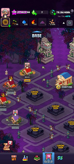 A mobile game screenshot showing a purple-toned base/settlement area with various buildings, character avatars, and resource indicators at the top showing '169.20M/28.6M', '7', '76.3K/406K', '1m 19s +675', and production stats including '1.4k', '306', '141', and '3.94k'.