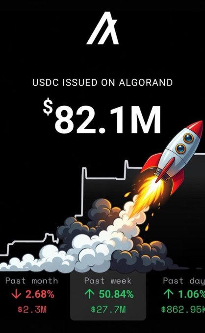 A poster for Algorand that has a rocket flying off of it. The rocket is going faster than usual, which suggests that the user's account might have increased its supply by 50% in a single week.