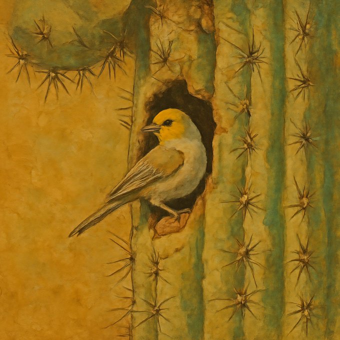 A watercolor painting depicting a small bird with a yellow head and grayish body perched at the entrance of a hole in a prickly cactus against a golden-yellow background.