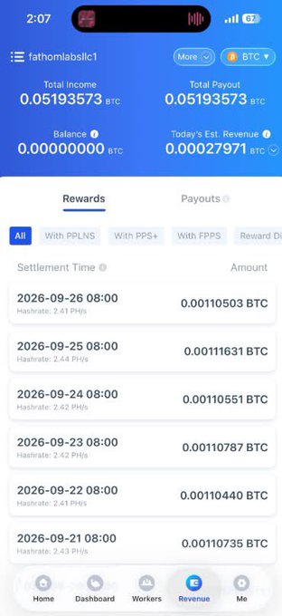A mobile mining dashboard shows account 'fathomlabslc1' with Total Income of 0.05193573 BTC, Total Payout of 0.05193573 BTC, and a revenue history of daily BTC rewards from September 2026.