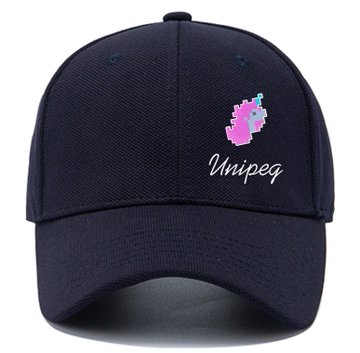 The image shows a black baseball cap with a pink unicorn logo on the front, along with the text "Unipeg" written below it. The hat appears to be made of cotton or wool material, as indicated by its size and shape. There is no visible text in the image other than the name "Unipeg."