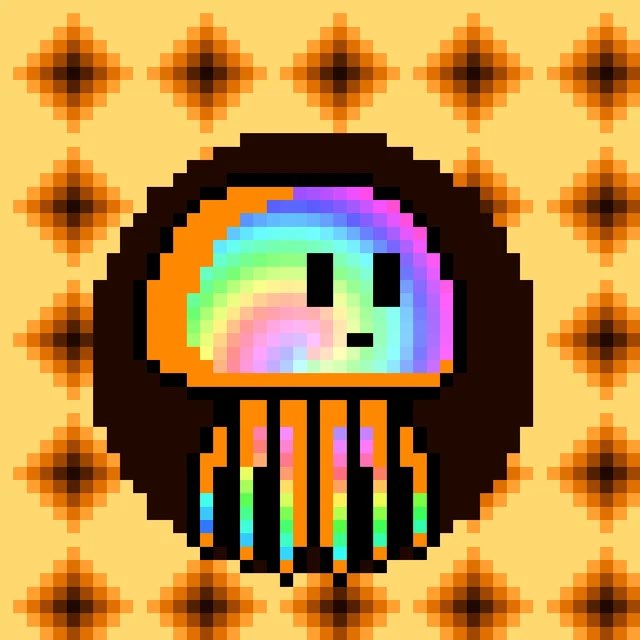 A pixel-art jellyfish with a rainbow-colored translucent body floats against an orange patterned background.