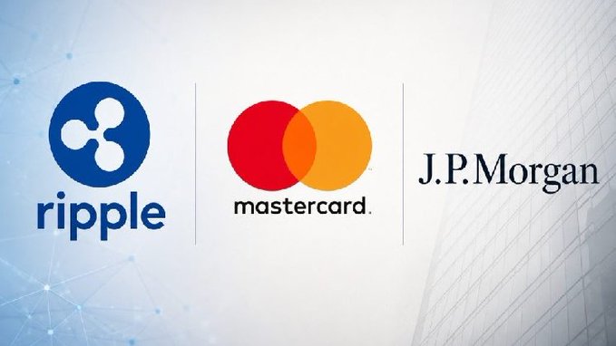 The image displays the logos of Ripple, Mastercard, and J.P. Morgan side by side, representing the three companies (along with Ondo) that collaborated on completing a sub-5-second treasury redemption on the XRP Ledger (XRPL), as highlighted in the accompanying post.