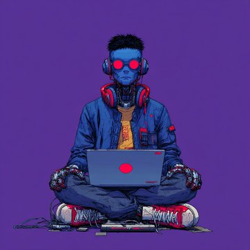 The image features an illustration of a man sitting cross-legged with headphones on, using his laptop computer. The man appears to be wearing a blue jacket and has red headphones on. The background color is purple, which contrasts with the white lines that are present in the image. There is also text in the image that reads "Gm gm To prevent boting during the Locked In mint, I've extended the whitelist. Stage 1 WL (GTD): 450 pieces at 0.007 ETH Stage 2 WL (FCFS): 50 pieces and unsold at 0.009 ETH, open to all holders of a @normiesART nft by @serc1n Stage 3 public: any unsold piece at 0.009". The man's position in the image suggests that he is sitting cross-legged on the floor while using his laptop computer.