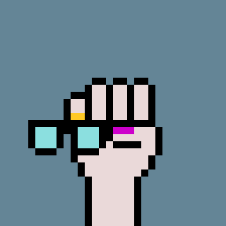 A pixel art illustration of a raised fist wearing colorful bracelets (turquoise, gold, pink) and rings against a solid slate-blue background.