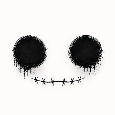 A stylized illustration of a skull-like face featuring two large, dripping black circles for eyes and a stitched, stitched-line mouth beneath them, evoking a haunting, minimalist aesthetic. The dark, dripping eye sockets and stitched smile align with the gritty, drop-themed NFT giveaway post from Hollow Ones HQ, reinforcing the eerie, underground vibe of the wallet distribution event.