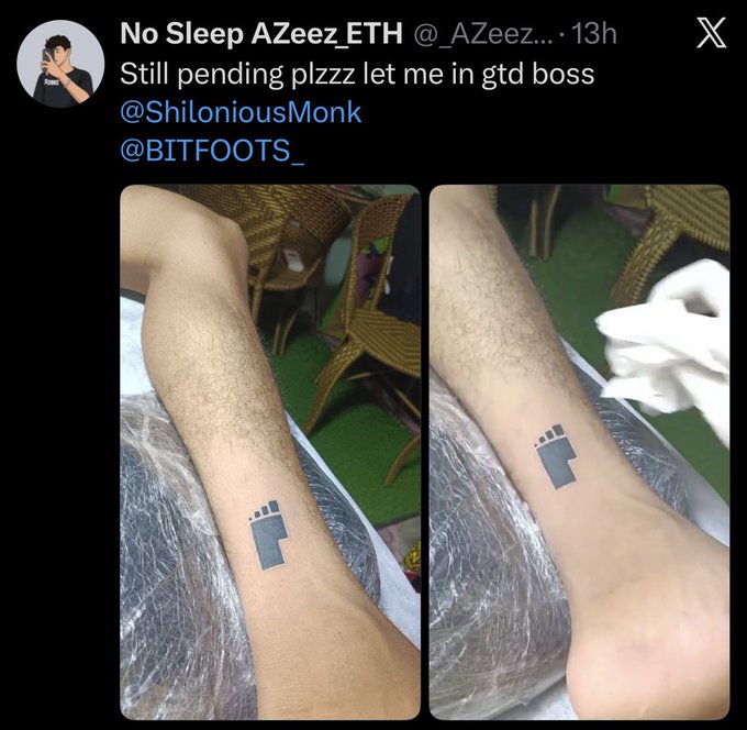 A tweet from @_AZeeez (display name 'No Sleep AZeez ETH') reading 'Still pending plzzz let me in gtd boss' tagging @ShiloniousMonk and @BITFOOTS_, showing a photo of a Bitfoot NFT tattoo on a person's ankle.