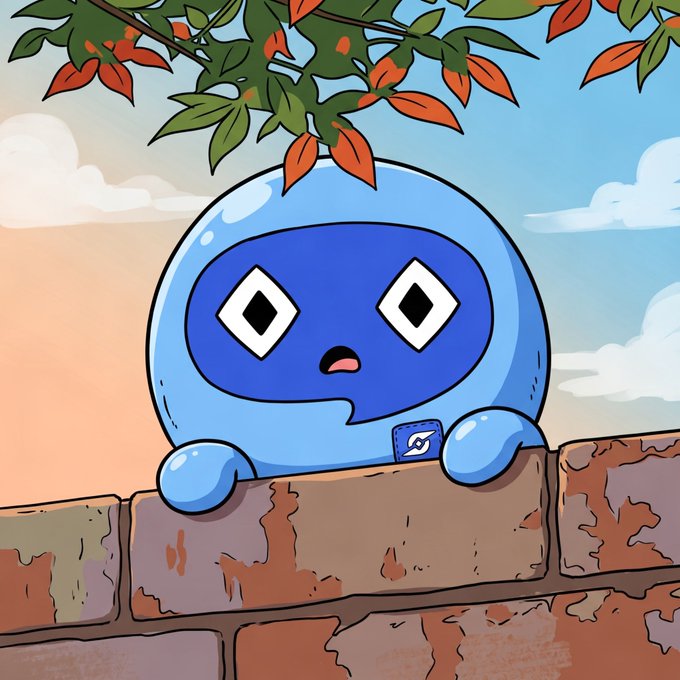 A cartoon illustration of a round blue creature with large diamond-shaped eyes peeking over a brick wall, with tree branches and leaves visible above.