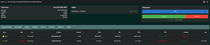 A cryptocurrency portfolio dashboard with an overview showing 144,202,398.985 (likely portfolio value), positions for WIF/BTC and SOL/BTC pairs, and a list of recent perp transactions.