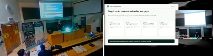 The image shows a lecture hall at Imperial College London hosting a Kaspa ($KAS) workshop, with a side-by-side view of the live setup and an online tutorial titled "Step 1 — An unrestricted wallet just pays." This matches the post highlighting two simultaneous livestreams covering the workshop content and the wallet tutorial being presented.