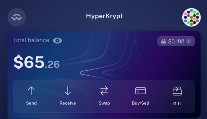 A screenshot of the HyperKrypt crypto wallet app showing a total balance of $65.26 (locked $0.192) with options for Send, Receive, Swap, Buy/Sell, and Gift.