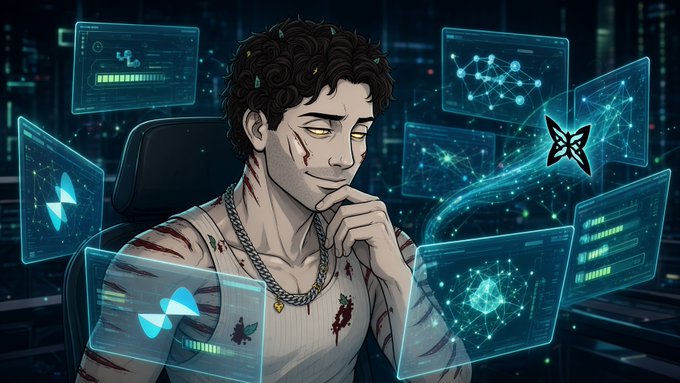 A cyber‑punk‑styled developer sits amid floating holographic panels displaying network graphs and data readouts, visualizing the real‑time monitoring of the Quip testnet that the post describes as delivering faster optimization results.