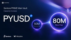 The image features a promotional poster or advertisement for a new product called "PYUSD" (Primed UDSD). The poster displays two circles with different colors - one blue and one purple, representing the old and new capacities of the vault. The text on the poster indicates that the new capacity is 50M, while the old capacity was 80M. This change in capacity could be due to a capacity increase or a new cap being introduced. The image also includes logos for other companies related to the product, such as "Sentora" and "Morpho".