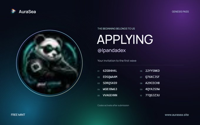 Website screenshot for AuraSea featuring a panda character on the left and "APPLYING @lpandadex" text with a list of 10 invitation codes under "THE BEGINNING BELONGS TO US GENESIS PASS FREE MINT".