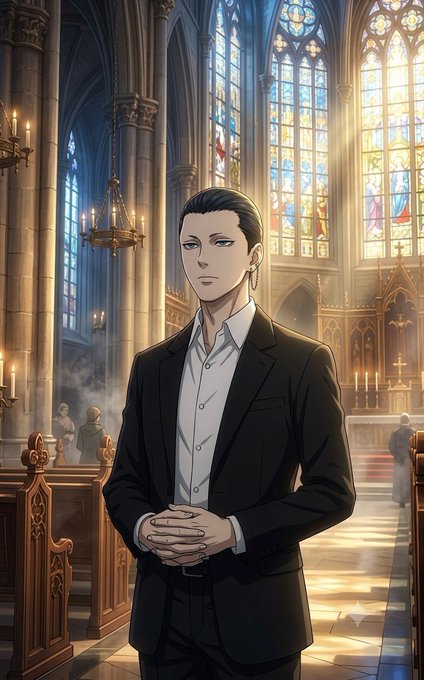 An anime-style illustration features a dark-haired man in a black suit standing with his hands clasped in the aisle of a Gothic cathedral, illuminated by stained glass windows.