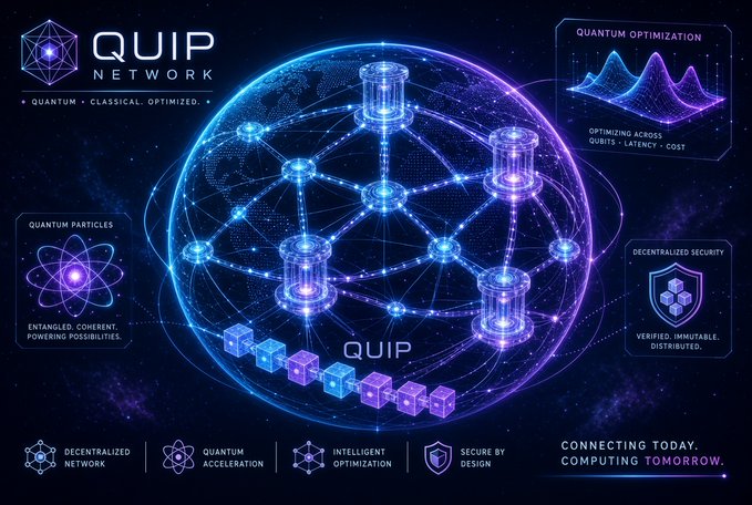 Futuristic tech infographic for "QUIP NETWORK" - Quantum Classical Optimized, featuring a glowing quantum network diagram with features like Quantum Particles, Quantum Optimization, Decentralized Security, and tagline "Connecting Today. Computing Tomorrow."
