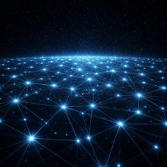 A glowing blue network of interconnected nodes forms a digital web against a starry background. The image's interconnected, cryptographic-looking mesh visually represents the ECDSA-based blockchain infrastructure that researchers warn could be vulnerable to AI-driven attacks before quantum computing poses a threat.