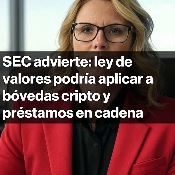 Spanish-language news thumbnail showing a woman in glasses and red blazer with text: 'SEC advierte: ley de valores podría aplicar a bóvedas cripto y préstamos en cadena.'