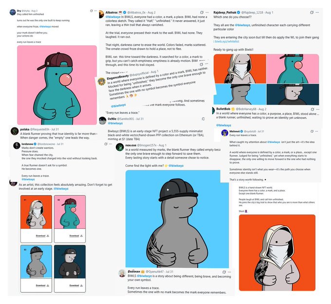 A collage of social media posts about the "Bored Apes Yacht Club" and "BLUElabs" collection, featuring images of blue and grey ape characters in different outfits.