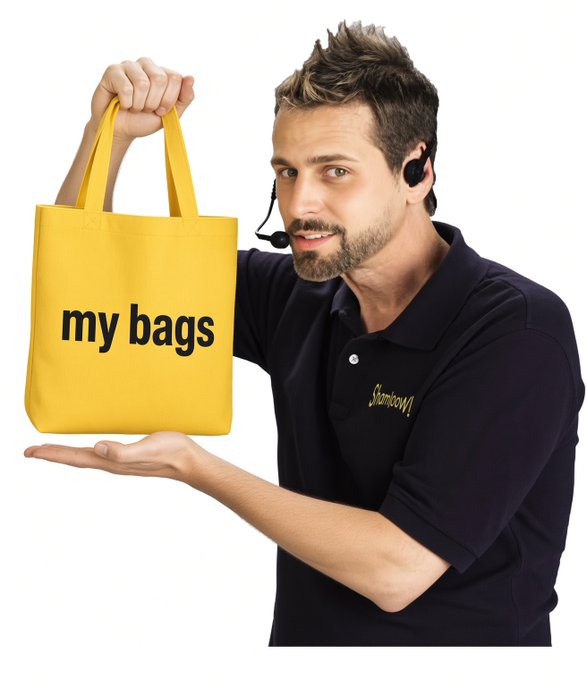 A man wearing a black polo shirt with a headset holds up a yellow tote bag with the text 'my bags' printed on it.
