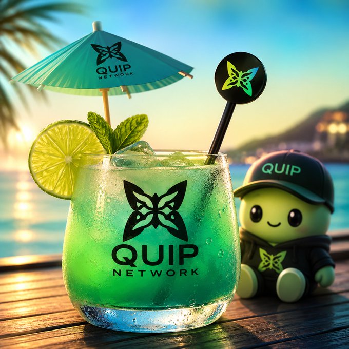 A vibrant green "QUIP NETWORK" branded cocktail garnished with lime and mint sits beside a cute Quip plushie on a tropical beach at sunset, reflecting the post's theme of Quip Network bringing accessible quantum computing and post-quantum security to a worldwide audience.