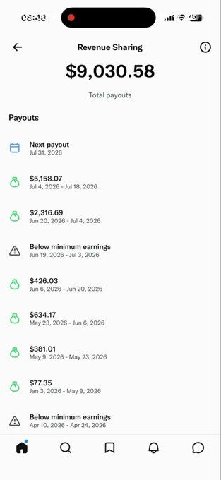 A Revenue Sharing screen on a mobile app displays a $9,030.58 total payout, with recent earnings including $5,158.07 for July 4-18, 2026 and $2,316.69 for June 20-July 4, 2026, showing a sharp spike in earnings that aligns with the post's claim of hitting record-breaking weekly payouts.