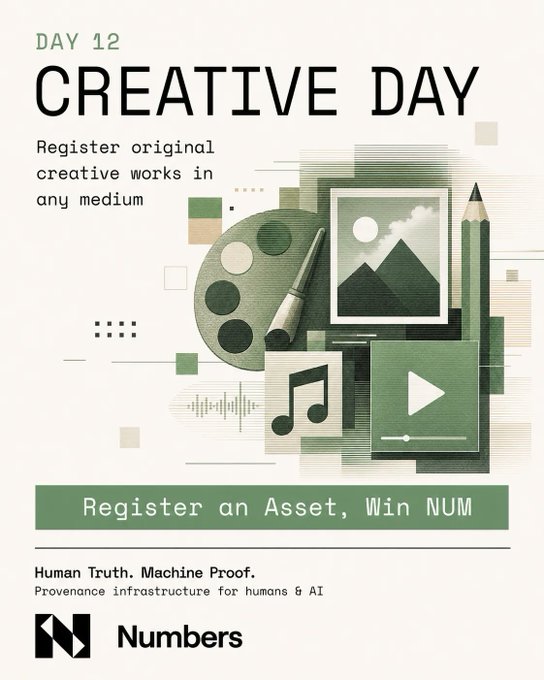 "Day 12. Creative Day. AgentProve It. Creativity without provenance is a claim. Creativity with provenance is a contribution. Every creative work registered through Numbers during carries C2PA credentials and a Numbers Mainnet record. The creator is identified."