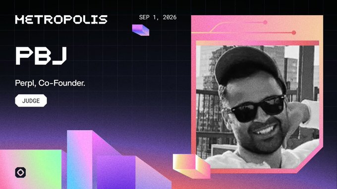 A promotional graphic for 'METROPOLIS' featuring judge 'PBJ' (Perpl, Co-Founder) dated SEP 1, 2026, with a portrait of a man wearing sunglasses and a cap.