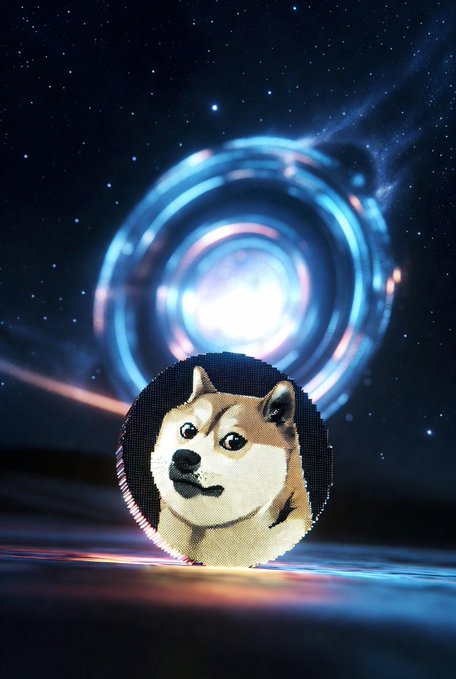 A circular image of a Shiba Inu dog head placed against a cosmic background featuring a glowing blue portal or spiral in a starry sky.