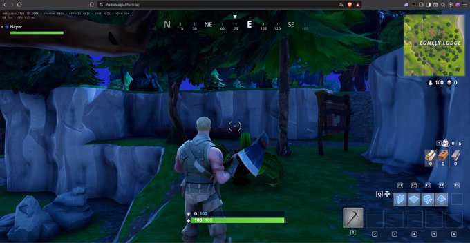 A screenshot from the video game Fortnite shows a player character holding a pickaxe near a cliffside in the Lonely Lodge area, with the game's HUD and mini-map visible.