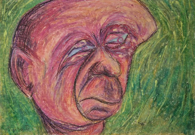 An expressionist painting of a distorted face rendered in shades of pink and purple against a textured green background.