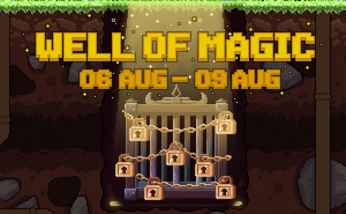 Pixel art promotional graphic titled 'WELL OF MAGIC' with the date '08 AUG – 08 AUG', depicting a locked underground gate with chains and padlocks.