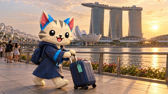 A low-poly 3D rendered cartoon cat character with blue and gray markings, wearing a coat and pulling a navy rolling suitcase, walking along a waterfront promenade with the Marina Bay Sands hotel and Helix Bridge visible in Singapore's skyline at sunset.