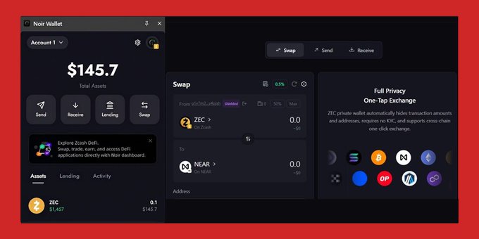 A screenshot of the 'Noir Wallet' interface shows a total asset value of '$145.7' with ZEC holdings, alongside a swap interface converting from ZEC on zkash to NEAR on NEAR, highlighting 'Full Privacy One-Tap Exchange'.