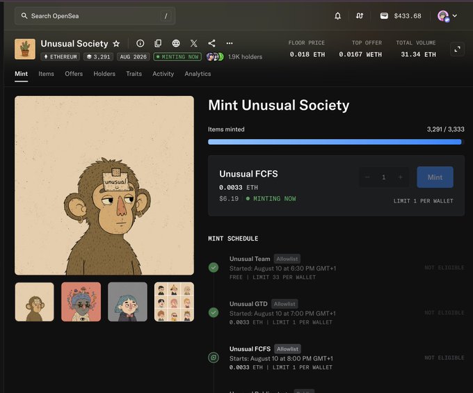 An OpenSea NFT minting page for the 'Unusual Society' collection on Ethereum, showing 3,291 of 3,333 items minted at 0.0033 ETH each, featuring an illustration of a monkey.