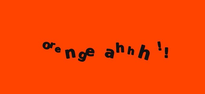 The image features the text "oʳᵉⁿᵍᵉ aʰʰʰ!" in a playful, scattered arrangement of letters with various superscripts and subscripts on a bright orange background. This likely represents the artist's tagline or catchphrase, complementing the chaotic, playful energy of the accompanying NFT mint announcement.