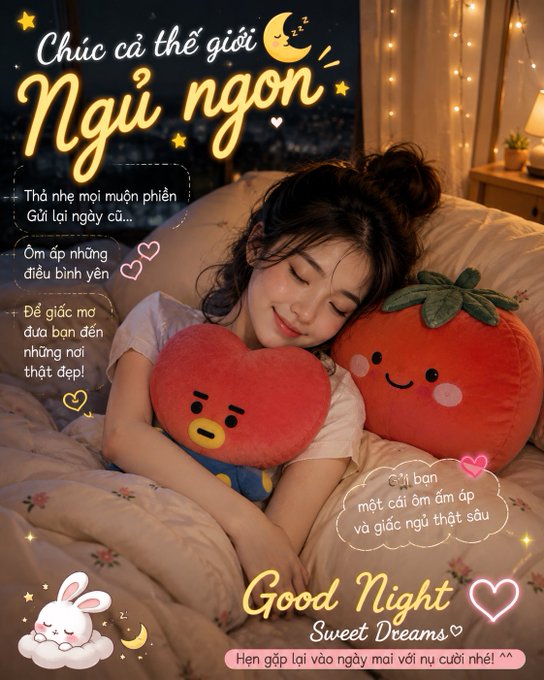 A Vietnamese "good night" graphic features a smiling woman hugging BT21 Tata and Chimmy plushies in bed, surrounded by decorative text including "Chúc cả thế giới Ngủ ngon" and "Good Night Sweet Dreams."