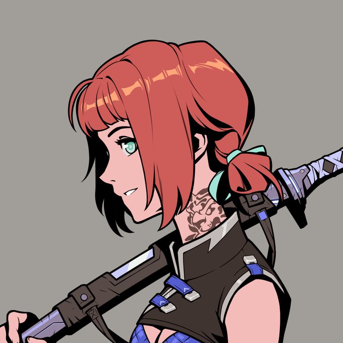 An anime-style illustration of a red-haired female character with green eyes carrying a large weapon on her back, wearing a black tactical outfit with a visible neck tattoo.
