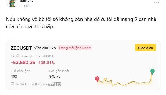 A Vietnamese-language Binance Futures trade alert showing a ZECUSDT perpetual short position with a P&L of -53,580.35 USDT (-105.61%), with a bearish sentiment quote at the top.
